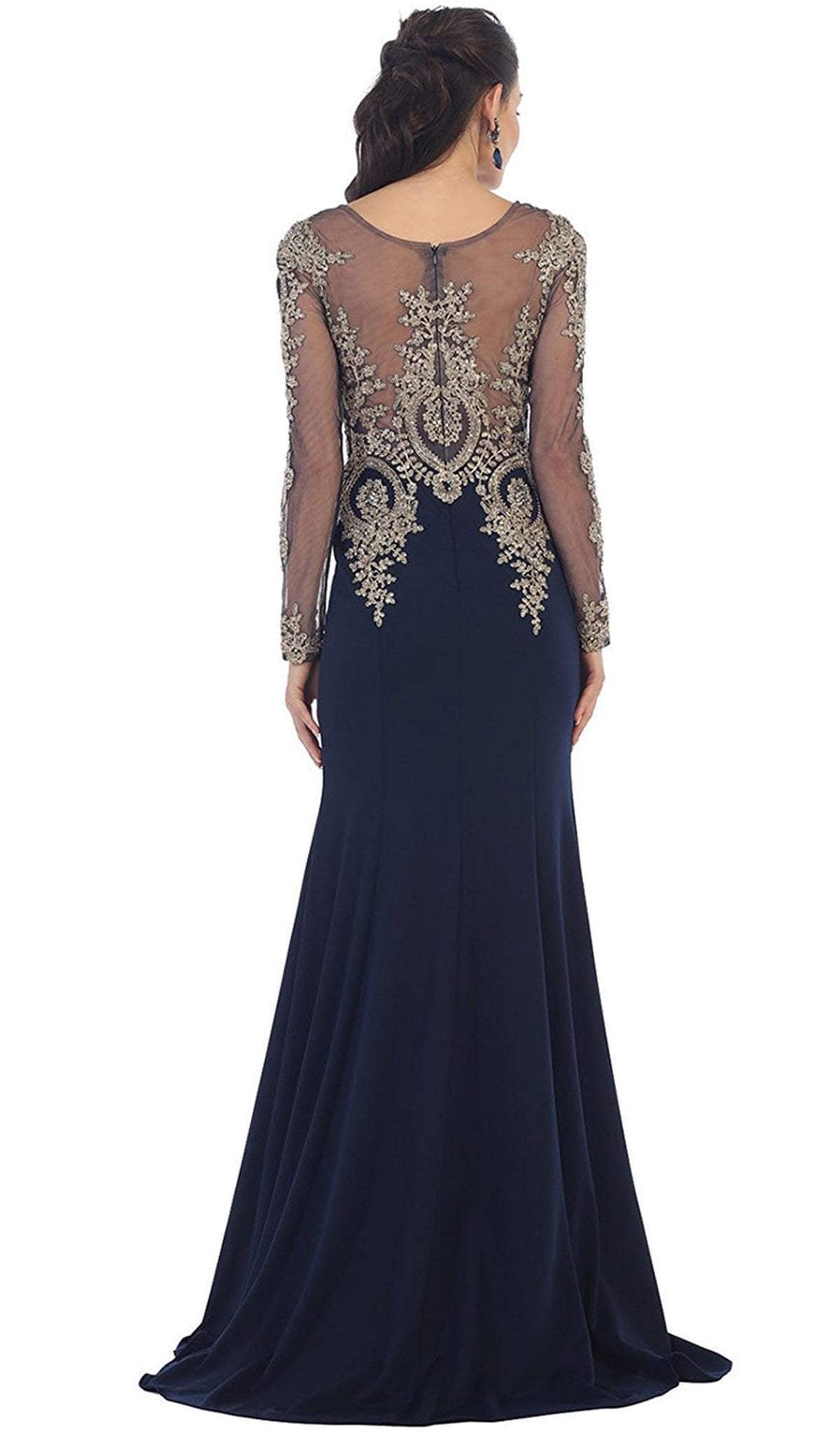 May Queen - RQ7479 Gold Lace Illusion Scoop Sheath Prom Dress Special Occasion Dress