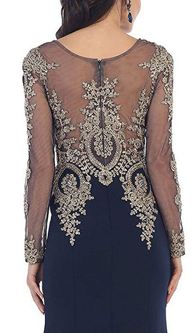 May Queen - RQ7479 Gold Lace Illusion Scoop Sheath Prom Dress Special Occasion Dress