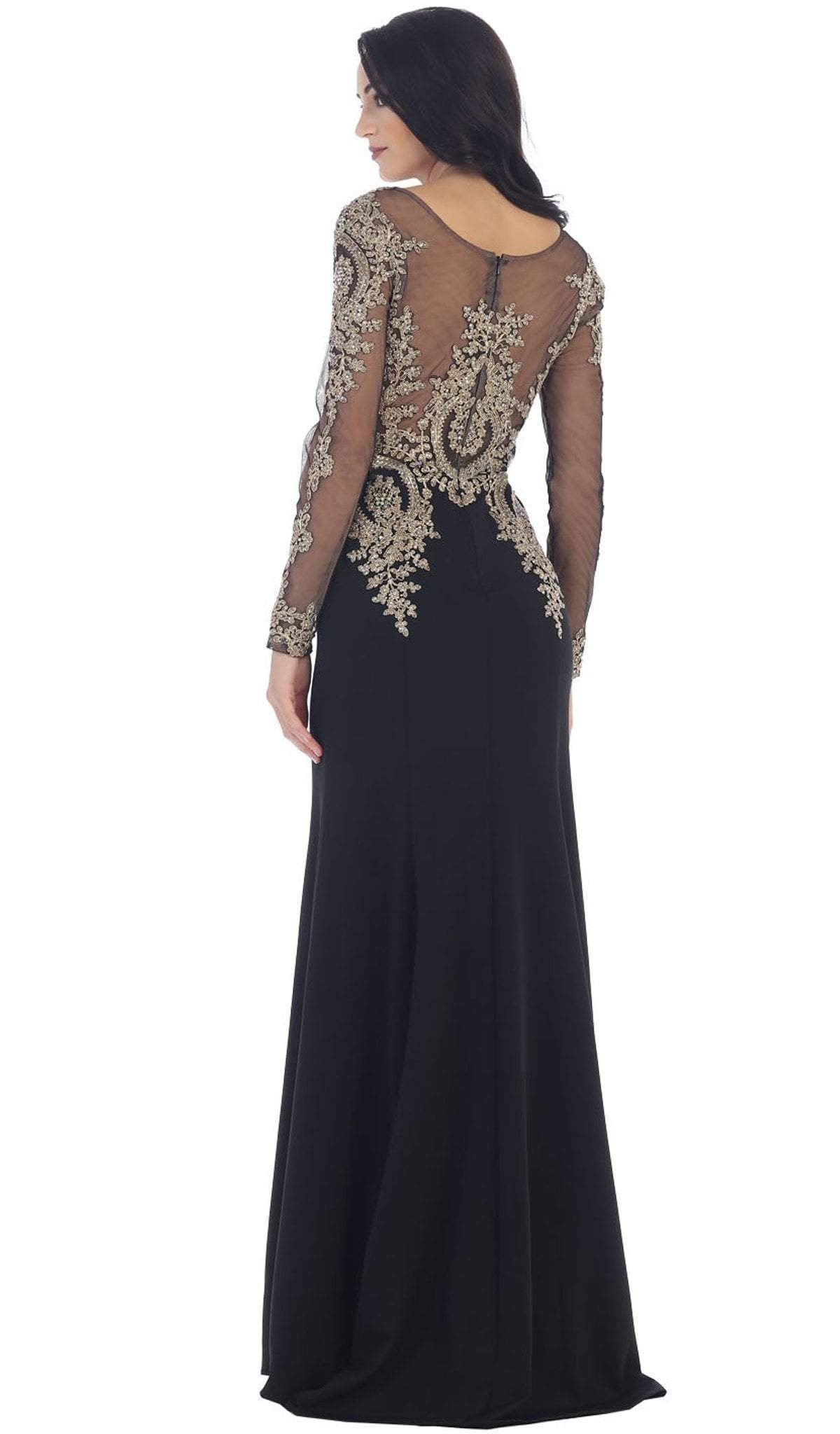 May Queen - RQ7479 Gold Lace Illusion Scoop Sheath Prom Dress Special Occasion Dress
