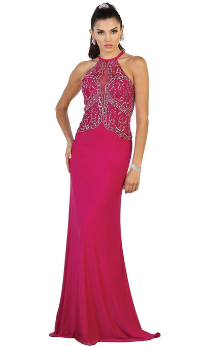 May Queen - RQ7490 Ornate Illusion Panel Prom Gown Special Occasion Dress 2 / Magenta