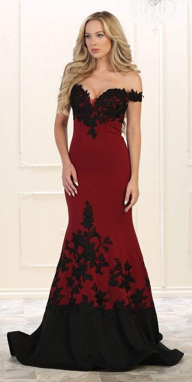 May Queen - RQ7499 Two Toned Off Shoulder Mermaid Gown Special Occasion Dress 4 / Burgundy/Black