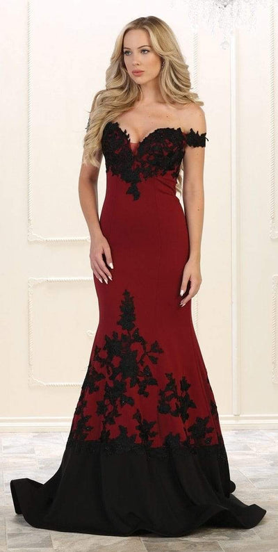 May Queen - RQ7499 Two Toned Off Shoulder Mermaid Gown Special Occasion Dress 4 / Burgundy/Black