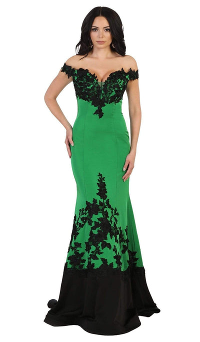 May Queen - RQ7499 Two Toned Off Shoulder Mermaid Gown Special Occasion Dress 4 / Emerald/ Black