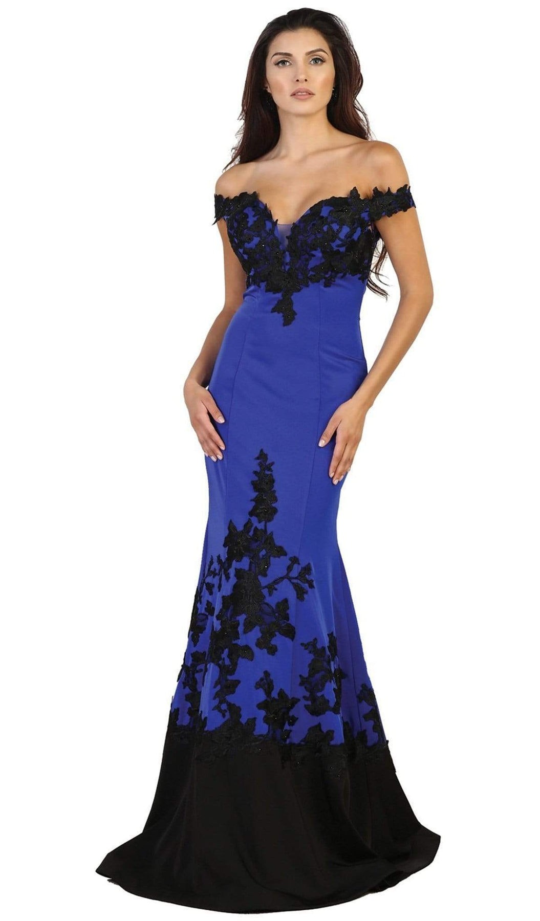 May Queen - RQ7499 Two Toned Off Shoulder Mermaid Gown Special Occasion Dress 4 / Royal/Blk