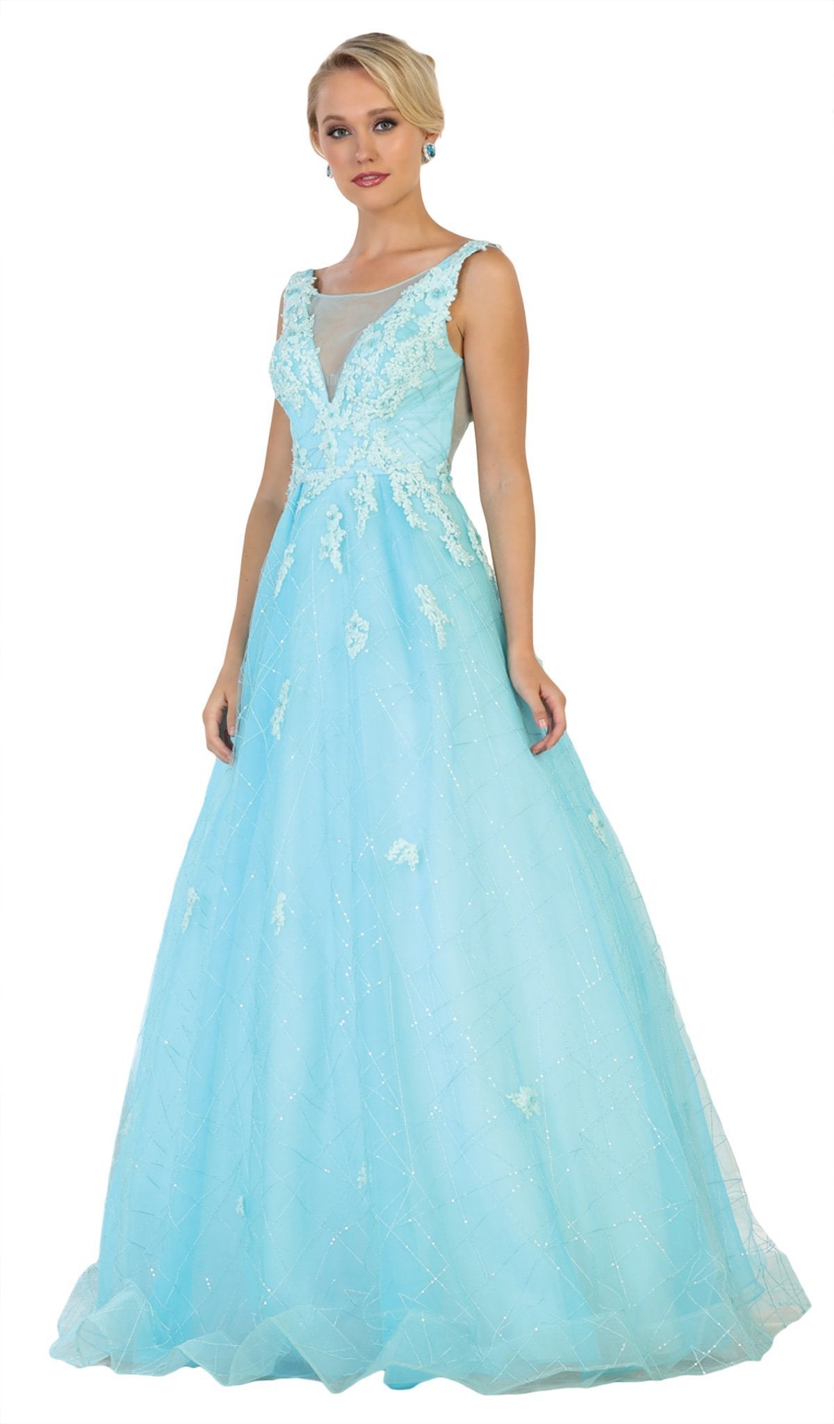 May Queen - RQ7513 Applique Illusion Bateau A-line Dress Special Occasion Dress 4 / Aqua