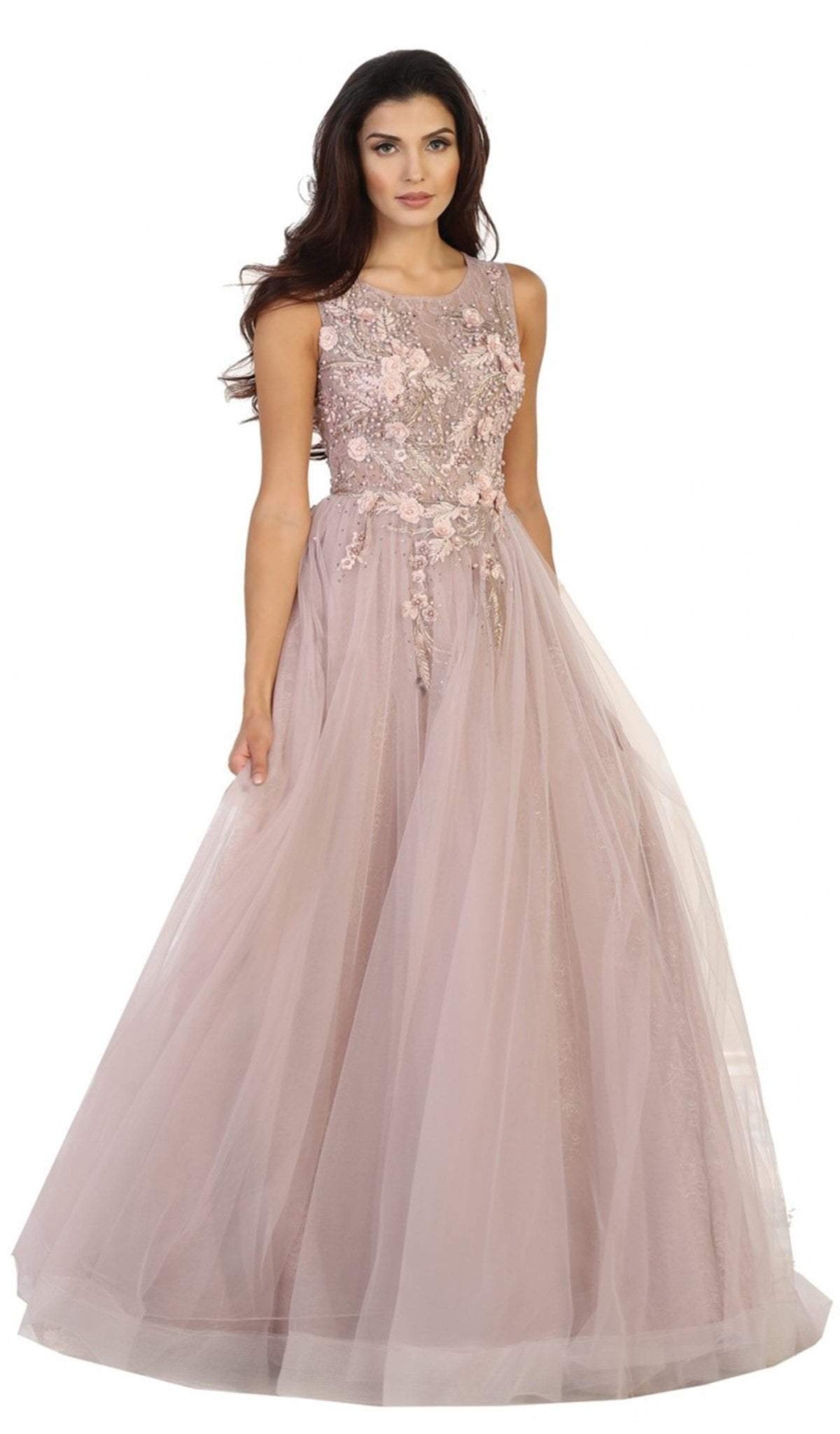 May Queen - RQ7527 Sleeveless Pearl Embellished Evening Gown Ball Gowns 4 / Mauve