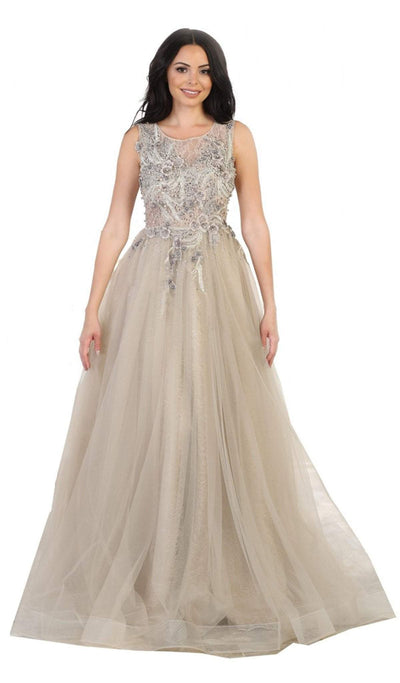 May Queen - RQ7527 Sleeveless Pearl Embellished Evening Gown Ball Gowns 4 / Taupe