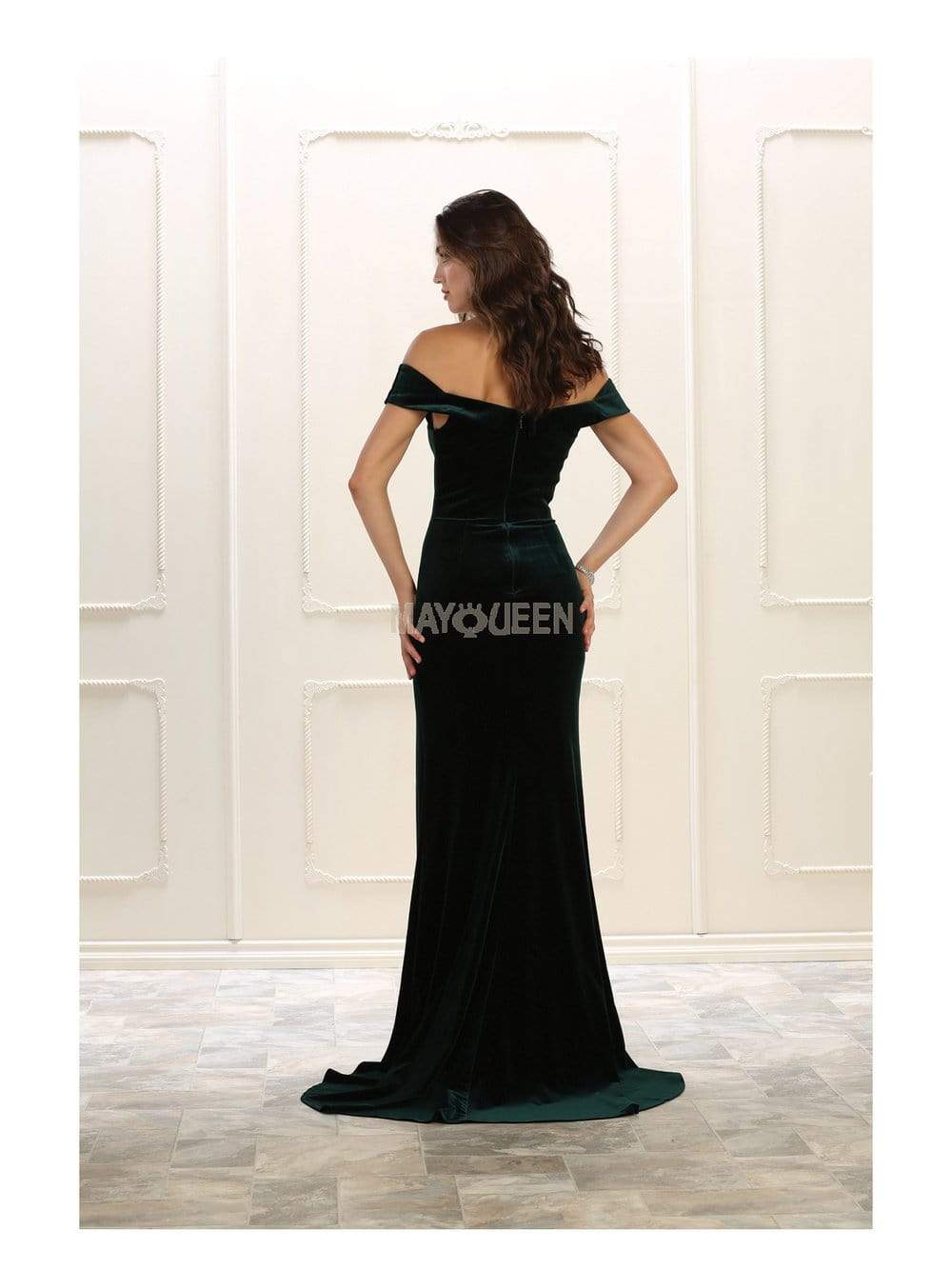 May Queen - RQ7533 Off Shoulder High Slit Velvet Dress Evening Dresses