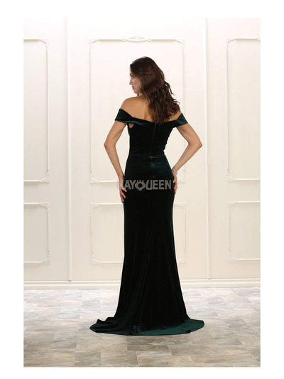May Queen - RQ7533 Off Shoulder High Slit Velvet Dress Evening Dresses