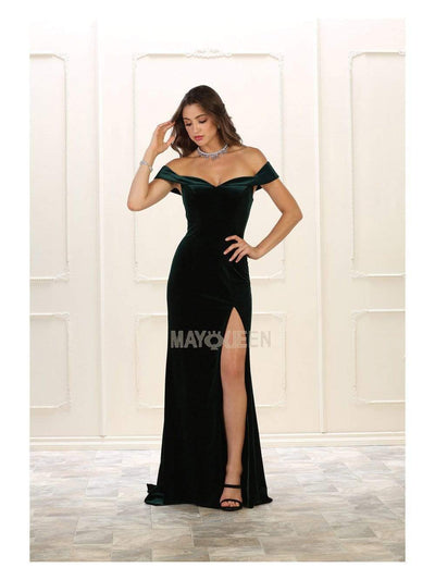 May Queen - RQ7533 Off Shoulder High Slit Velvet Dress Evening Dresses 4 / Hunter Green