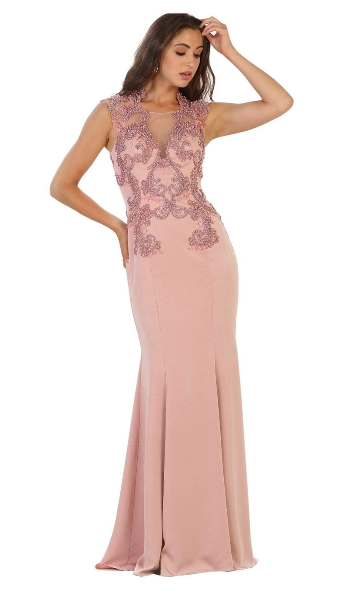 May Queen - RQ7534 Beaded Queen Anne Mermaid Gown Special Occasion Dress 4 / Dusty-Rose