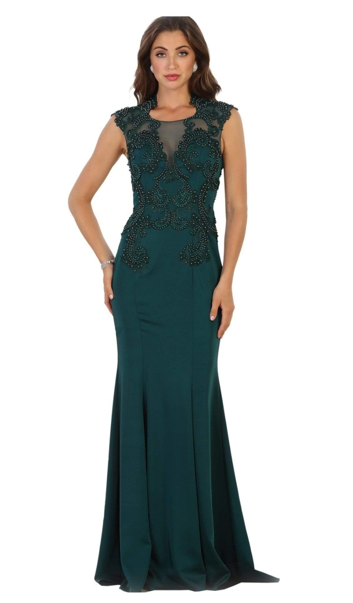 May Queen - RQ7534 Beaded Queen Anne Mermaid Gown Special Occasion Dress 4 / Hunter-Grn