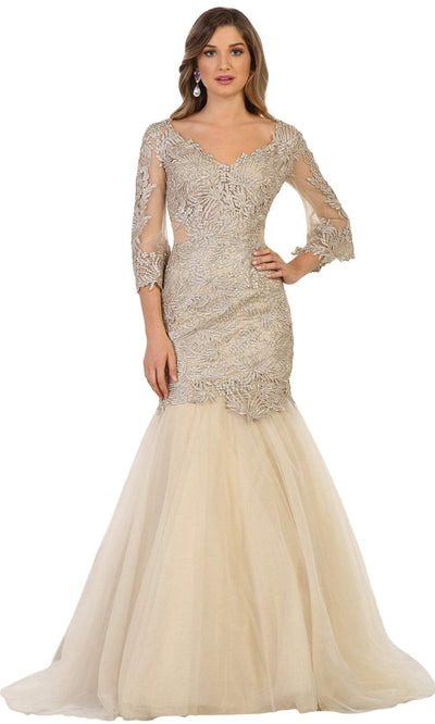 May Queen - May Queen - RQ7542 Embroidered V-Neck Trumpet Evening Gown CCSALE 12 / Champagne/Gold