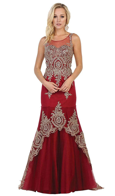 May Queen - RQ7546 Gilded Illusion Scoop Trumpet Dress Special Occasion Dress 4 / Burgundy