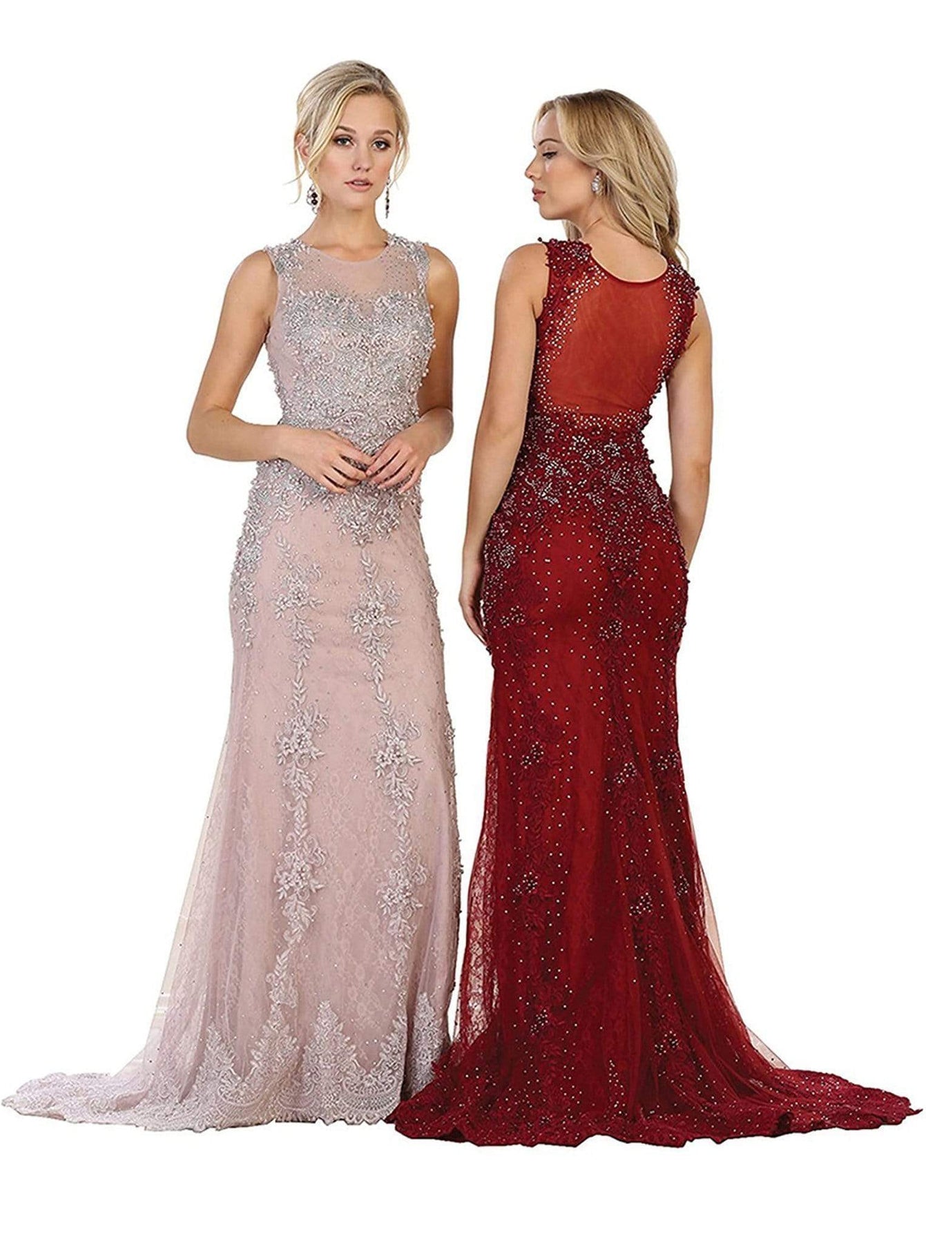 May Queen - RQ7551 Embellished Illusion Jewel Sheath Prom Gown Special Occasion Dress 4 / Burgundy