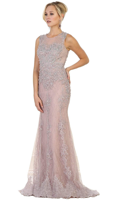 May Queen - RQ7551 Embellished Illusion Jewel Sheath Prom Gown Special Occasion Dress 4 / Mauve