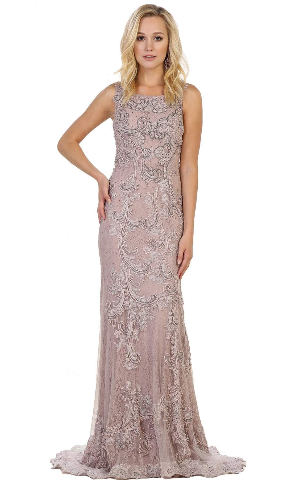 May Queen - RQ7555 Embellished Scoop Neck Sheath Evening Dress Special Occasion Dress 4 / Mauve