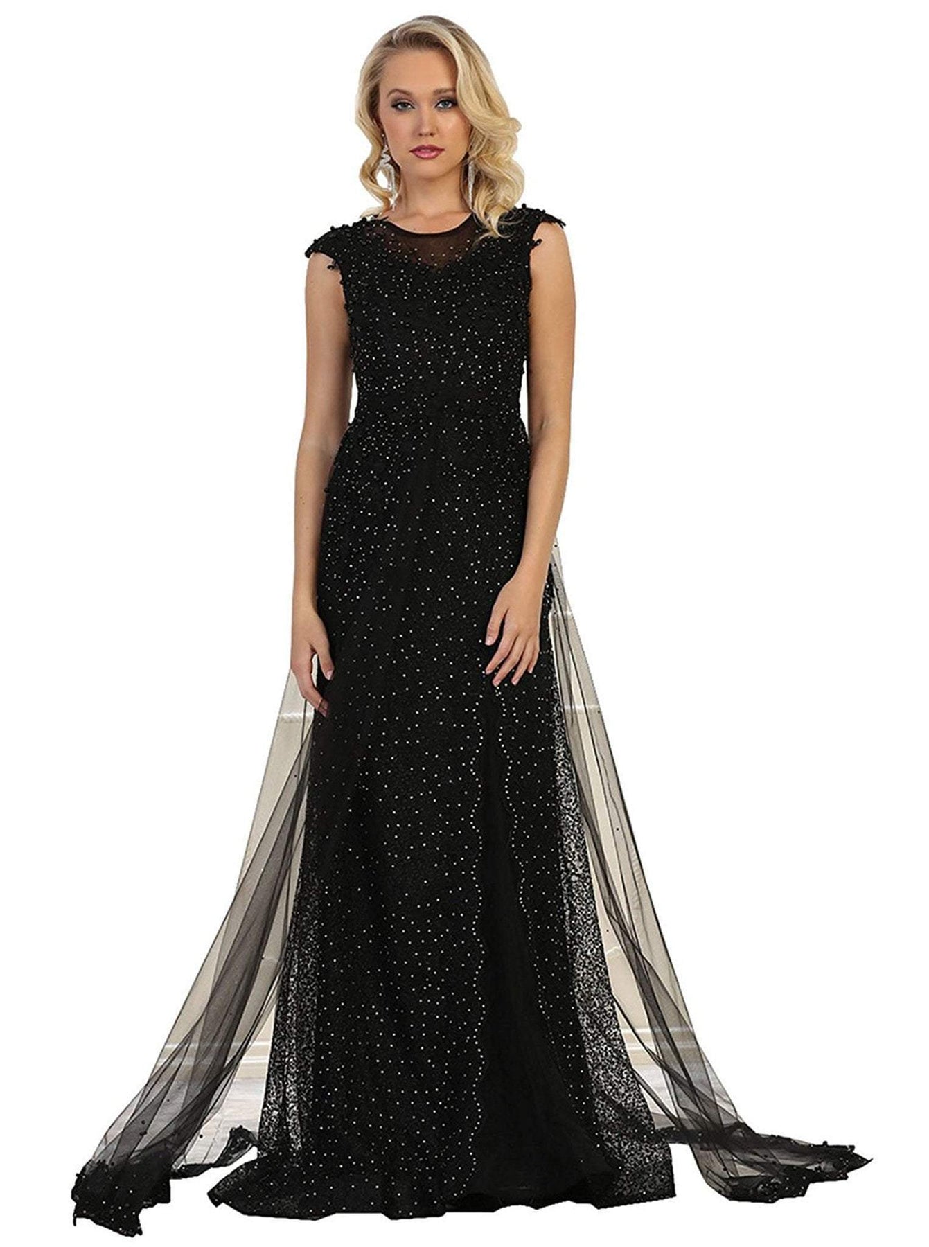 May Queen - RQ7556 Embellished Illusion Jewel Fitted Evening Gown Special Occasion Dress 4 / Black