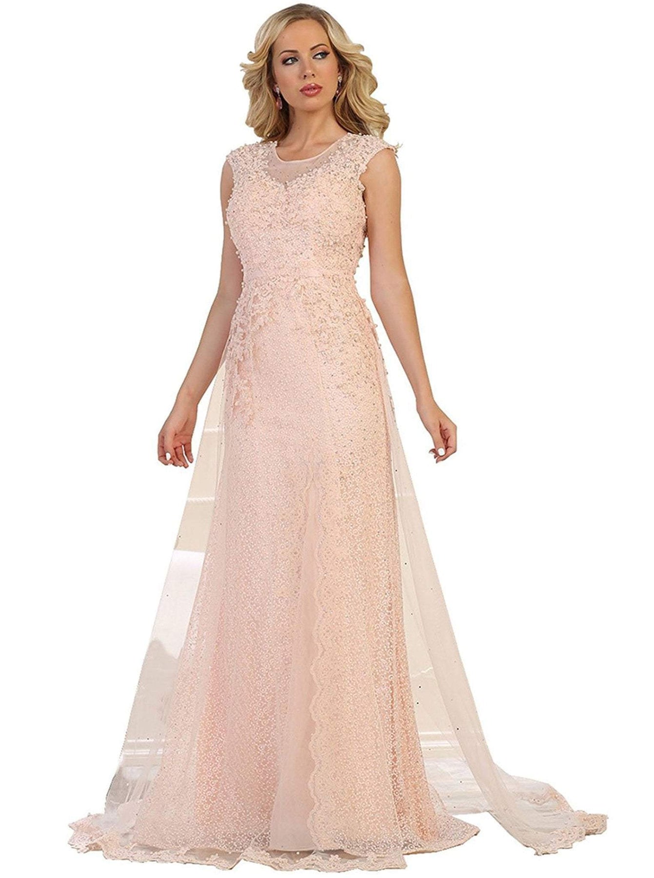 May Queen - RQ7556 Embellished Illusion Jewel Fitted Evening Gown Special Occasion Dress 4 / Blush