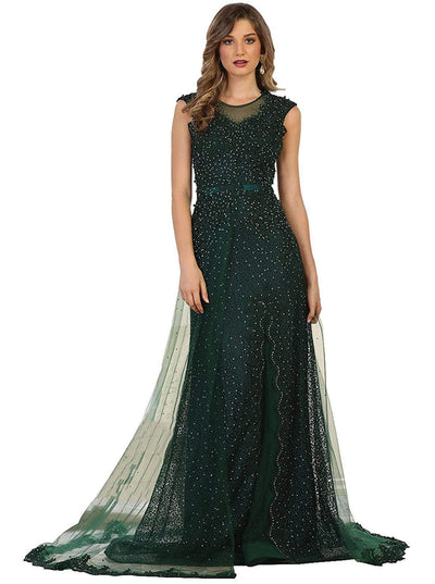 May Queen - RQ7556 Embellished Illusion Jewel Fitted Evening Gown Special Occasion Dress 4 / Hunter-Green