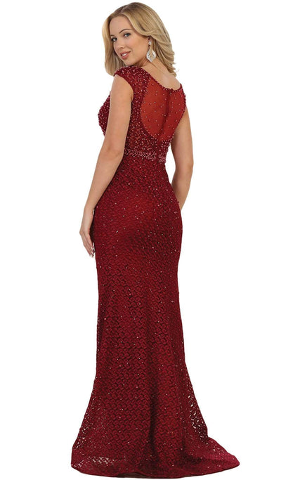 May Queen - RQ7557 Embellished Cap Sleeve Illusion Bateau Sheath Dress Special Occasion Dress
