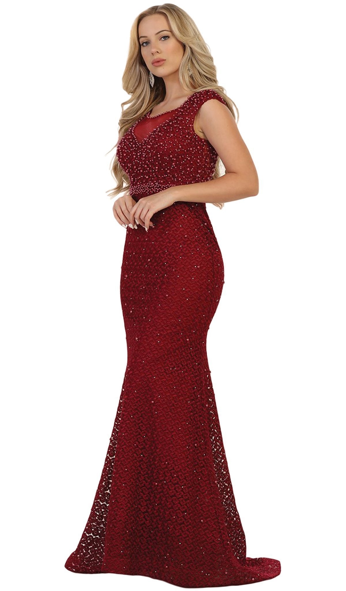 May Queen - RQ7557 Embellished Cap Sleeve Illusion Bateau Sheath Dress Special Occasion Dress 4 / Burgundy