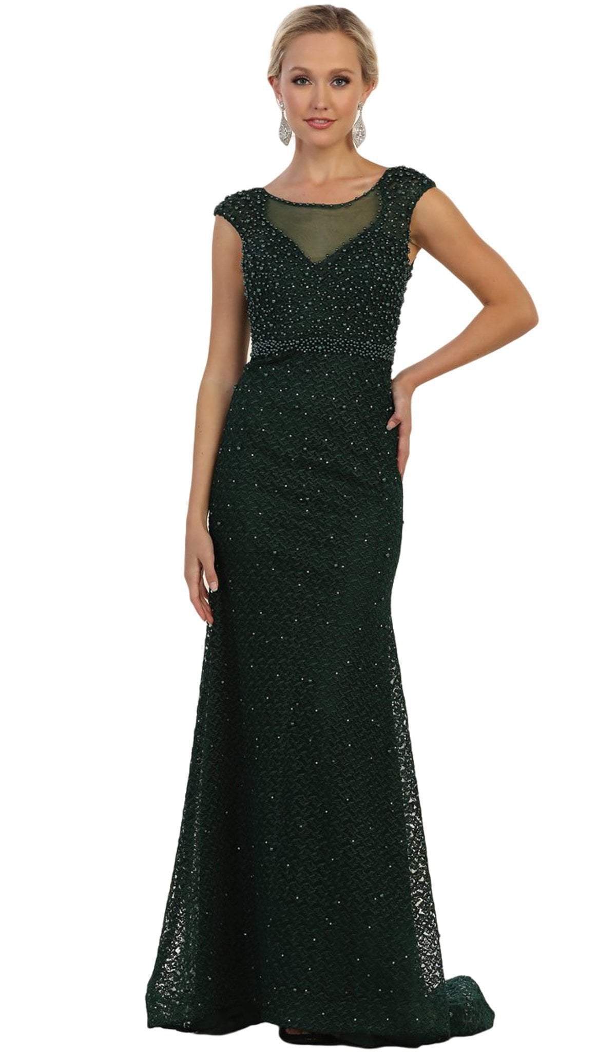 May Queen - RQ7557 Embellished Cap Sleeve Illusion Bateau Sheath Dress Special Occasion Dress 4 / Hunter-Green