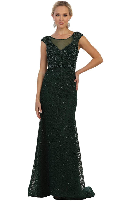 May Queen - RQ7557 Embellished Cap Sleeve Illusion Bateau Sheath Dress Special Occasion Dress 4 / Hunter-Green