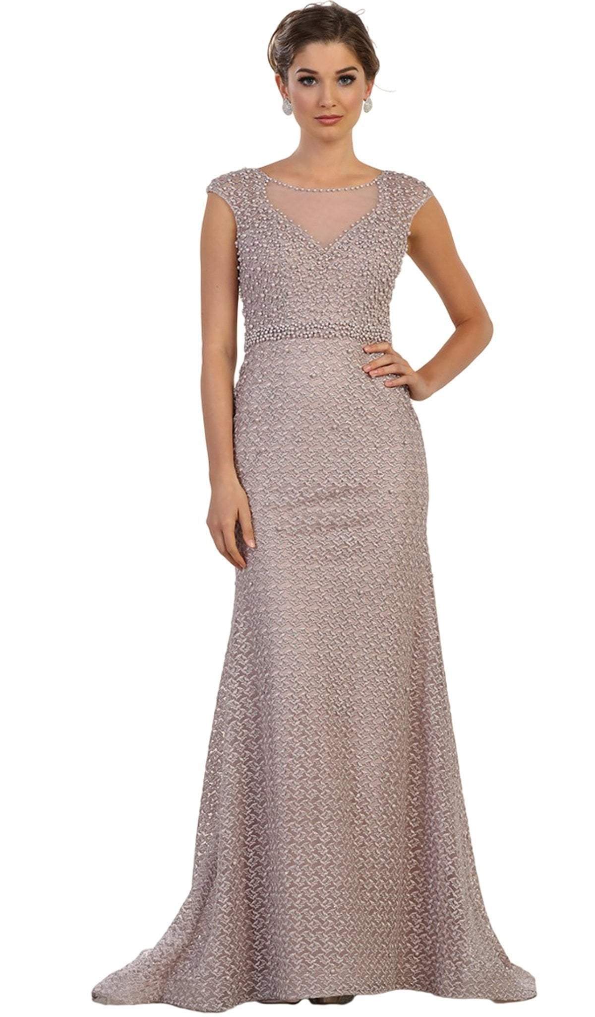 May Queen - RQ7557 Embellished Cap Sleeve Illusion Bateau Sheath Dress Special Occasion Dress 4 / Mauve