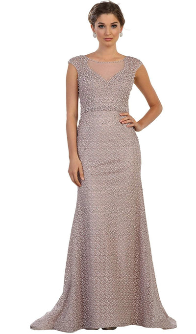 May Queen - RQ7557 Embellished Cap Sleeve Illusion Bateau Sheath Dress Special Occasion Dress 4 / Mauve
