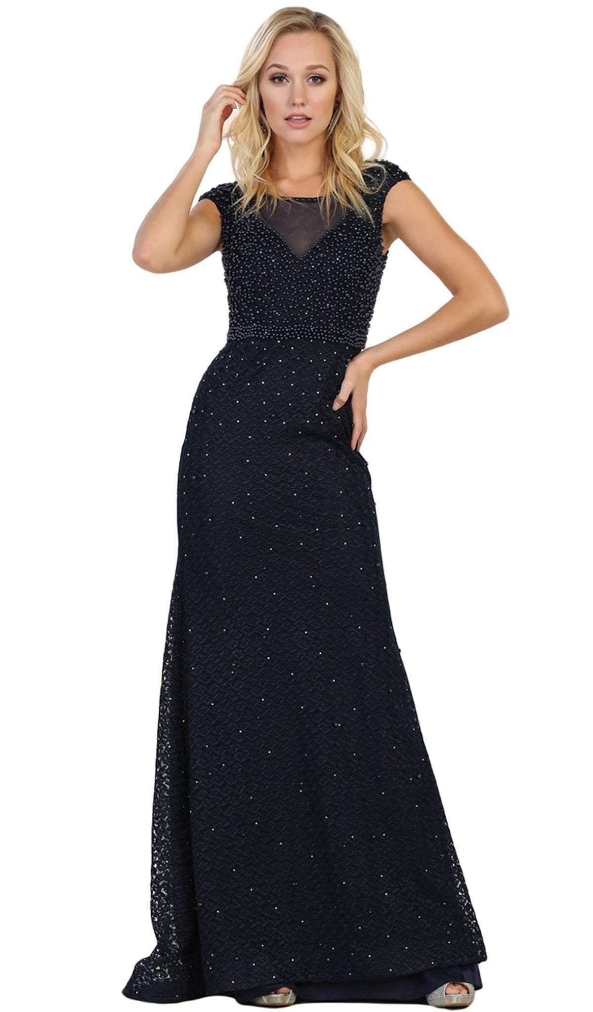 May Queen - RQ7557 Embellished Cap Sleeve Illusion Bateau Sheath Dress Special Occasion Dress 4 / Navy