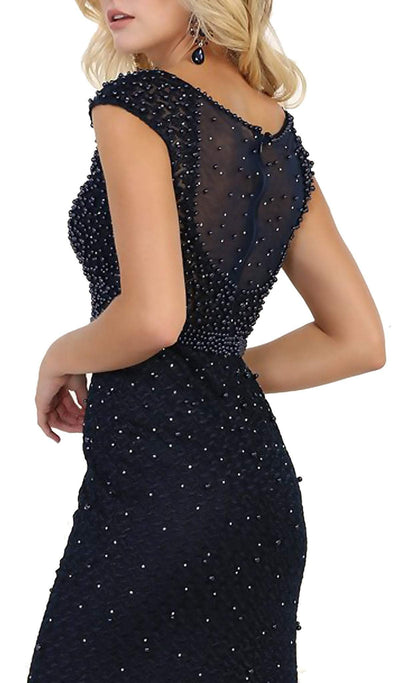 May Queen - RQ7557 Embellished Cap Sleeve Illusion Bateau Sheath Dress Special Occasion Dress