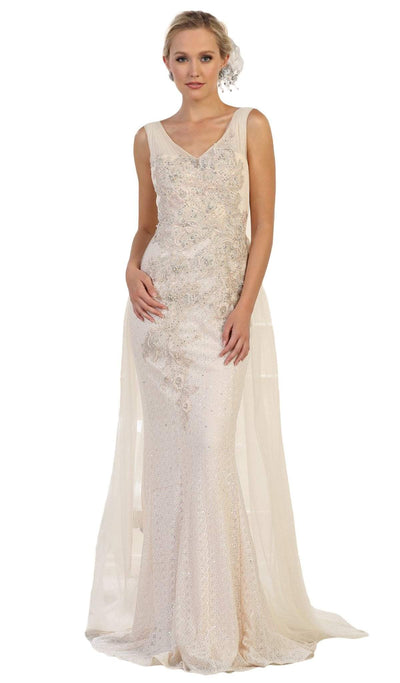 May Queen - RQ7563 Embroidered V Neck Gown with Overskirt Special Occasion Dress 4 / Champagne