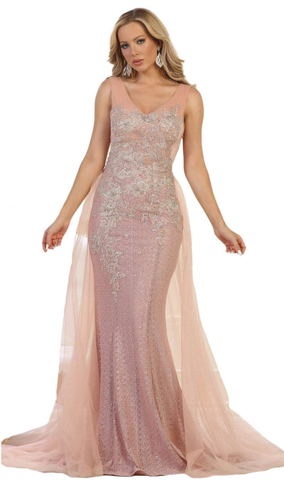 May Queen - RQ7563 Embroidered V Neck Gown with Overskirt Special Occasion Dress 4 / Dusty-Rose