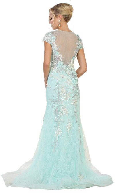 May Queen - RQ7567 Short Sleeved Floral Embellished Sheath Mother of the Bride Gown Special Occasion Dress