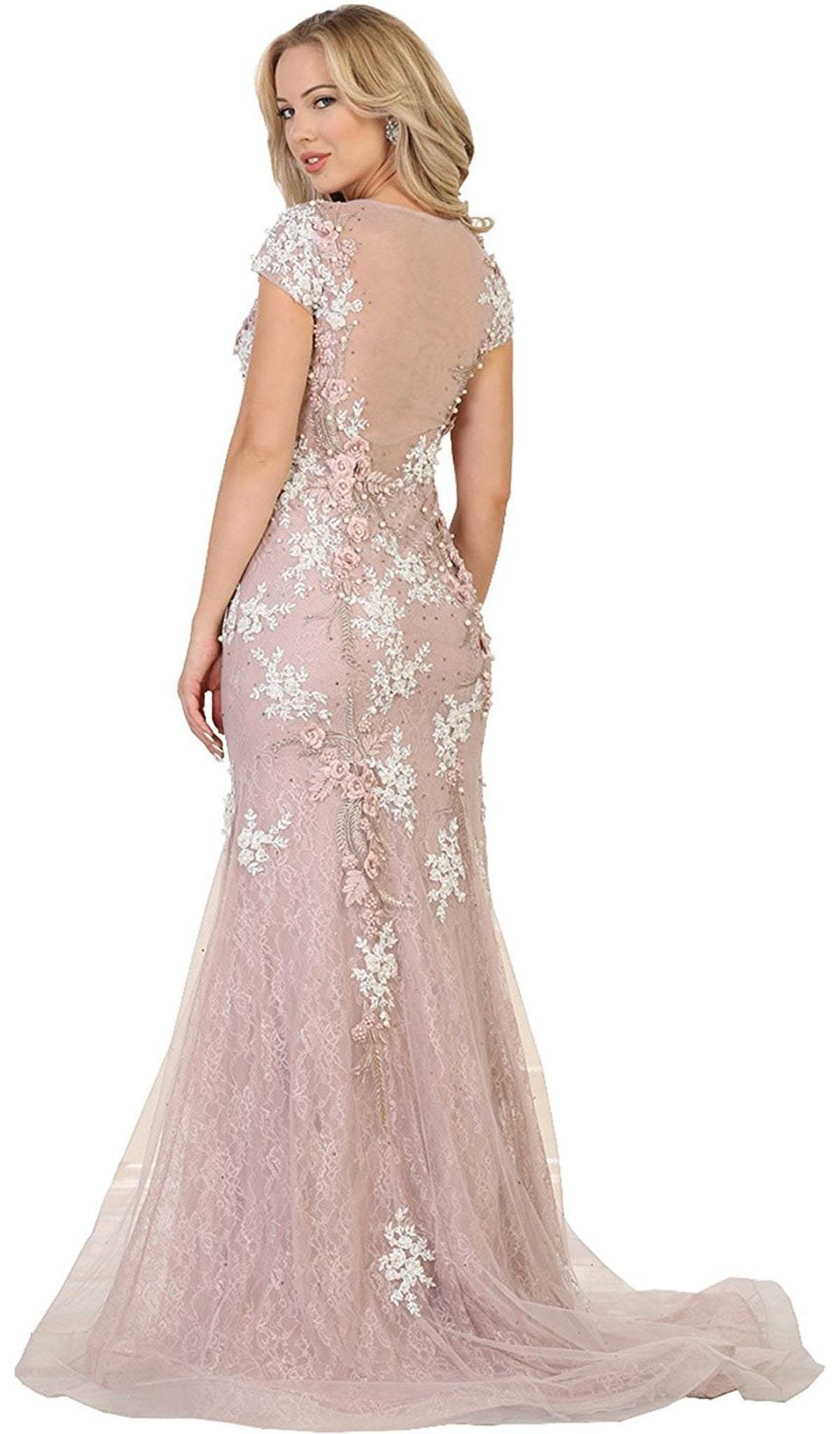 May Queen - RQ7567 Short Sleeved Floral Embellished Sheath Mother of the Bride Gown Special Occasion Dress