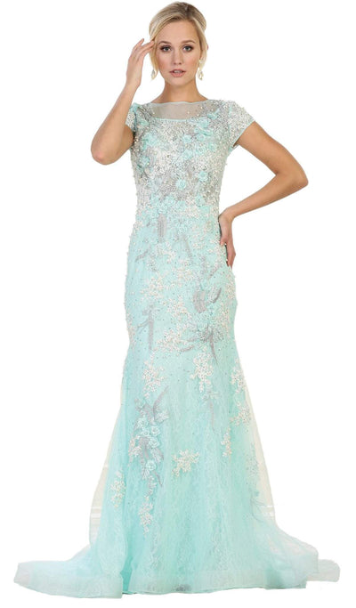 May Queen - RQ7567 Short Sleeved Floral Embellished Sheath Mother of the Bride Gown Special Occasion Dress 6 / Aqua