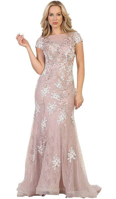 May Queen - RQ7567 Short Sleeved Floral Embellished Sheath Mother of the Bride Gown Special Occasion Dress 6 / Mauve