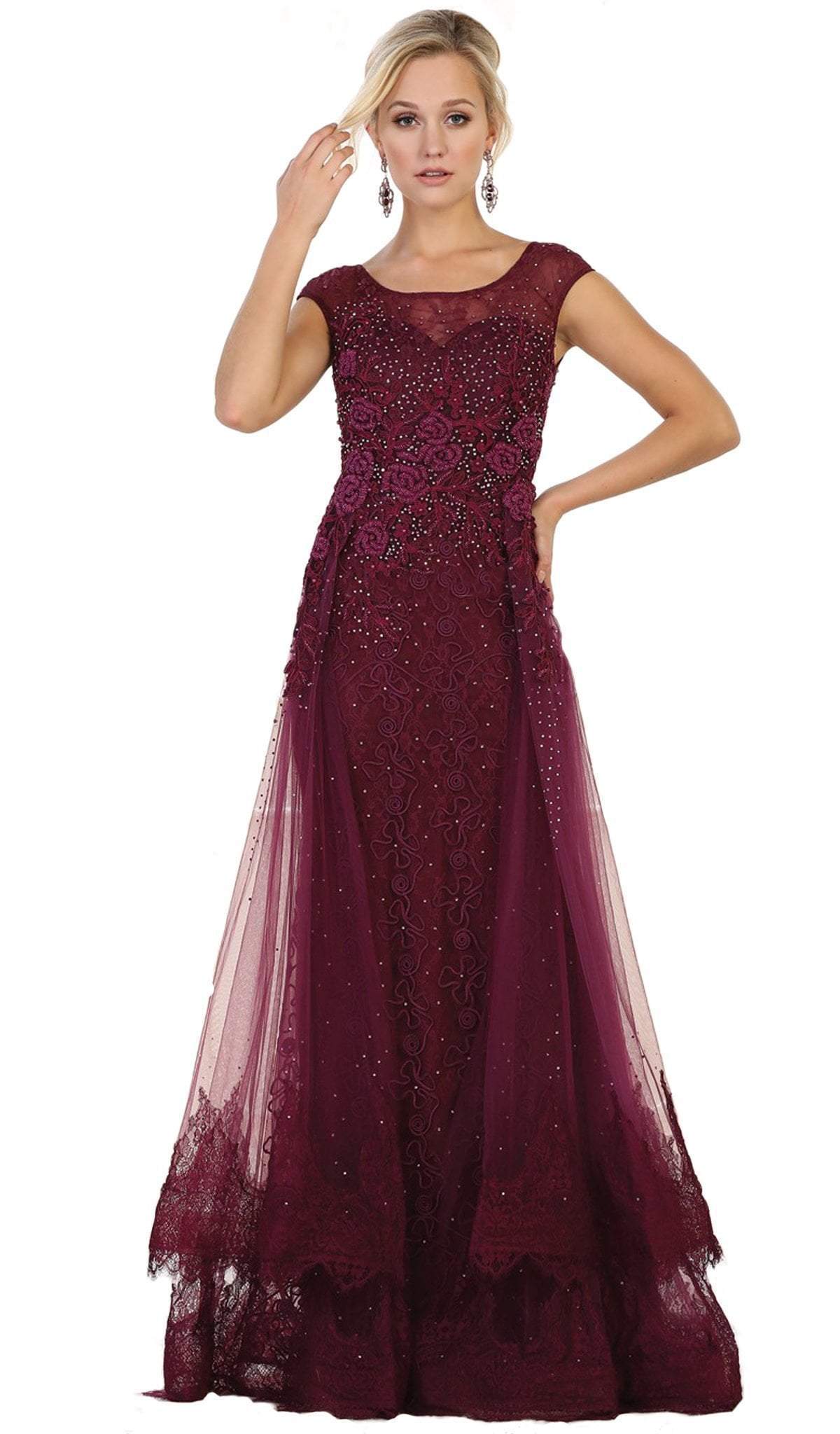 May Queen - RQ7568 Beaded Lace Illusion Bateau Sheath Mother of the Bride Dress Mother of the Bride Dresses 4 / Eggplant