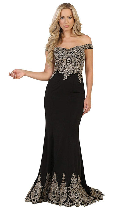 May Queen - RQ7586 Off Shoulder Appliqued Fitted Prom Dress Prom Dresses 4 / Black
