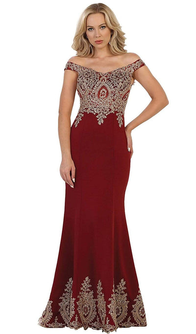 May Queen - RQ7586 Off Shoulder Appliqued Fitted Prom Dress Prom Dresses 4 / Burgundy