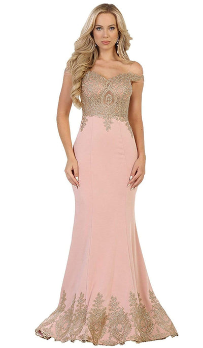 May Queen - RQ7586 Off Shoulder Appliqued Fitted Prom Dress Prom Dresses 4 / Dusty