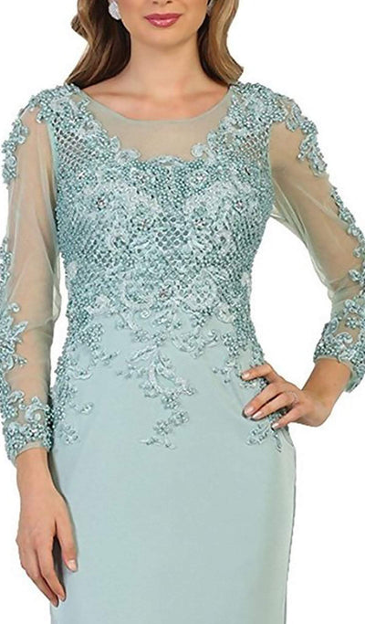 May Queen - RQ7594 Embellished Long Sleeve Illusion Scoop Sheath Mother of the Bride Gown Special Occasion Dress