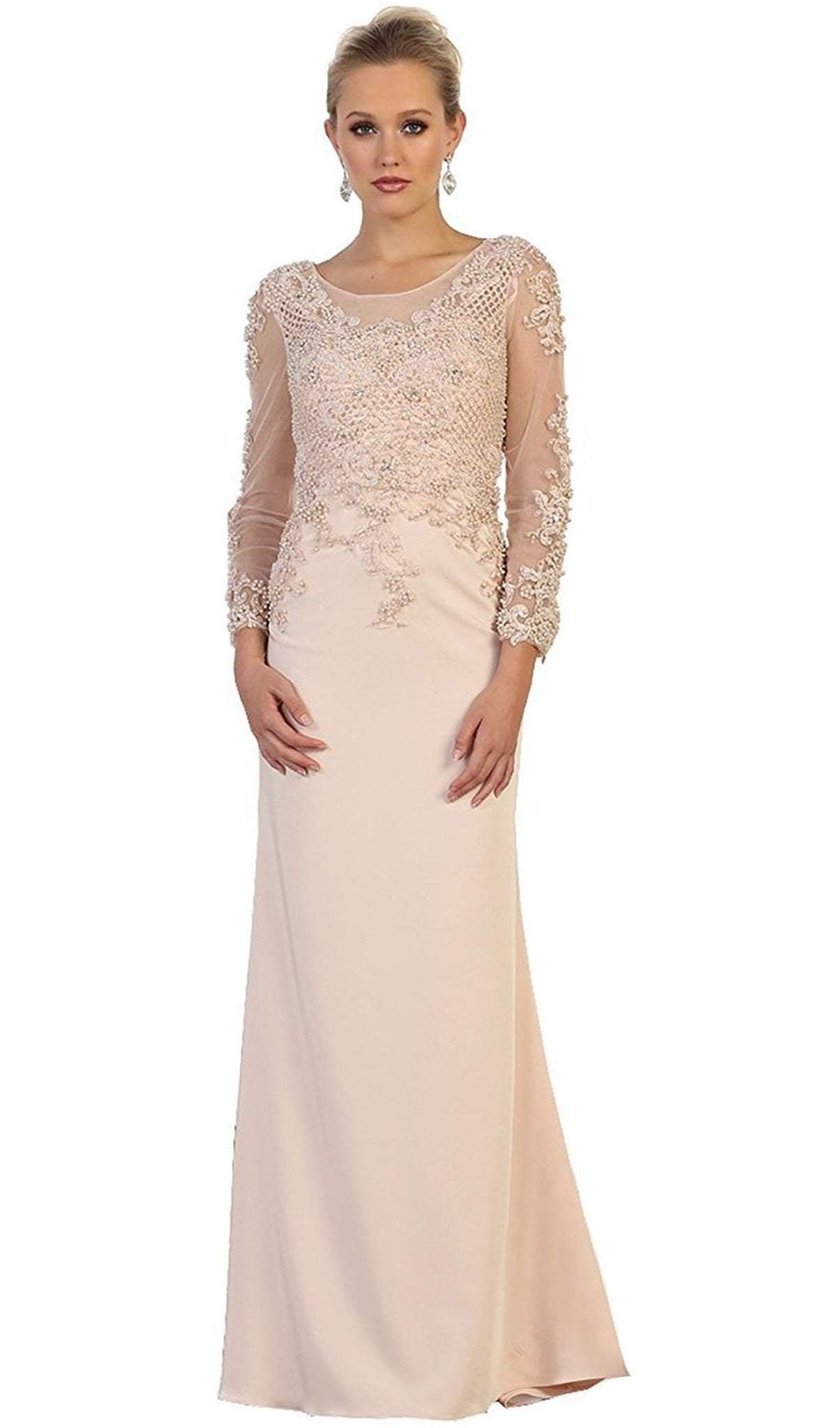 May Queen - RQ7594 Embellished Long Sleeve Illusion Scoop Sheath Mother of the Bride Gown Special Occasion Dress S / Blush