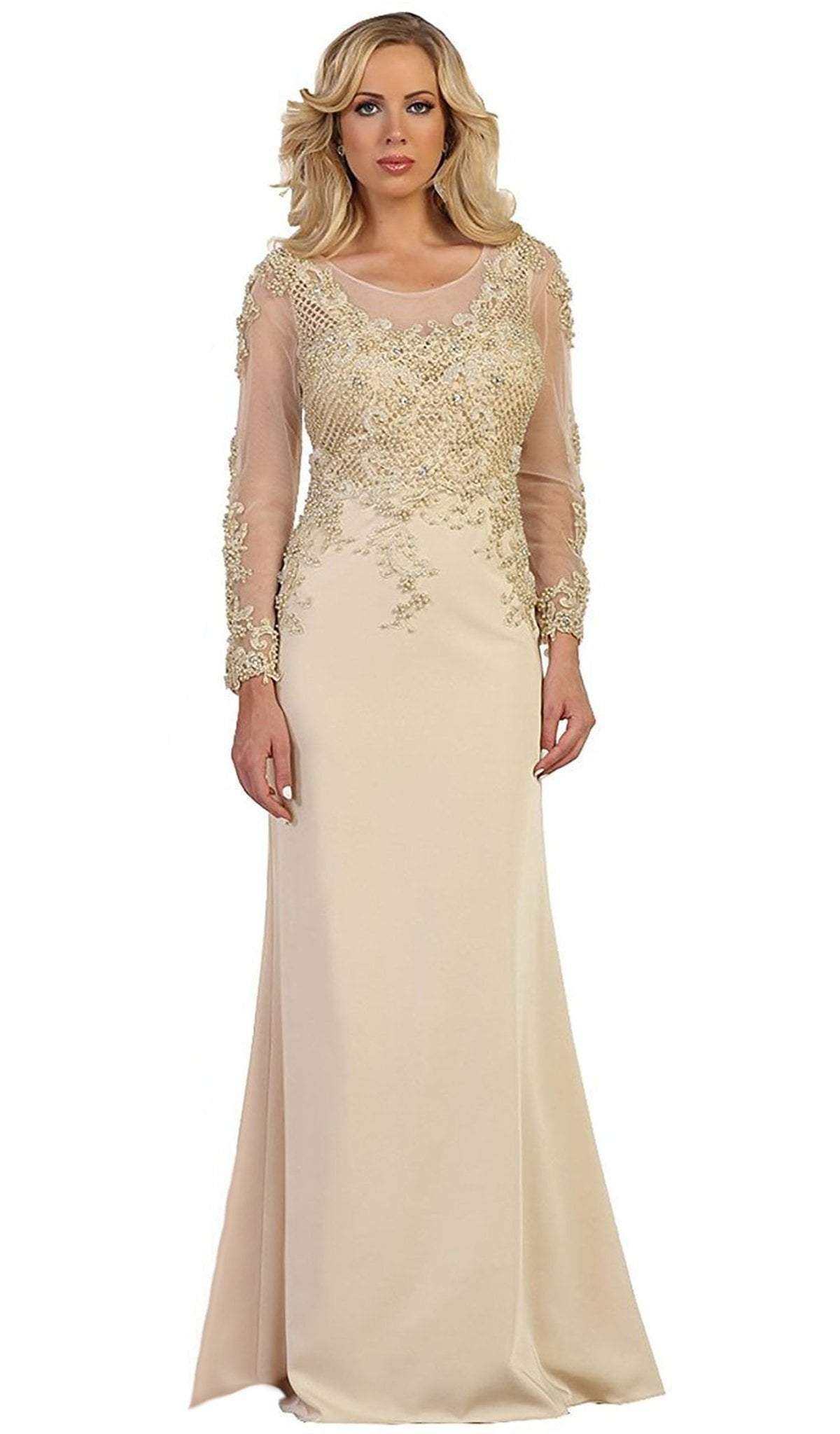 May Queen - RQ7594 Embellished Long Sleeve Illusion Scoop Sheath Mother of the Bride Gown Special Occasion Dress S / Champagne