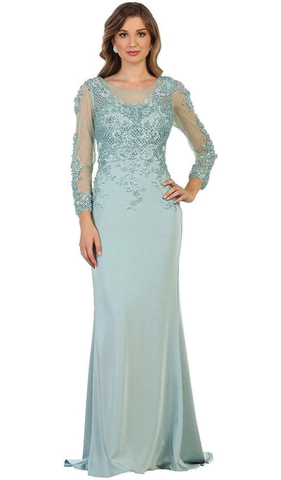 May Queen - RQ7594 Embellished Long Sleeve Illusion Scoop Sheath Mother of the Bride Gown Special Occasion Dress S / Sage