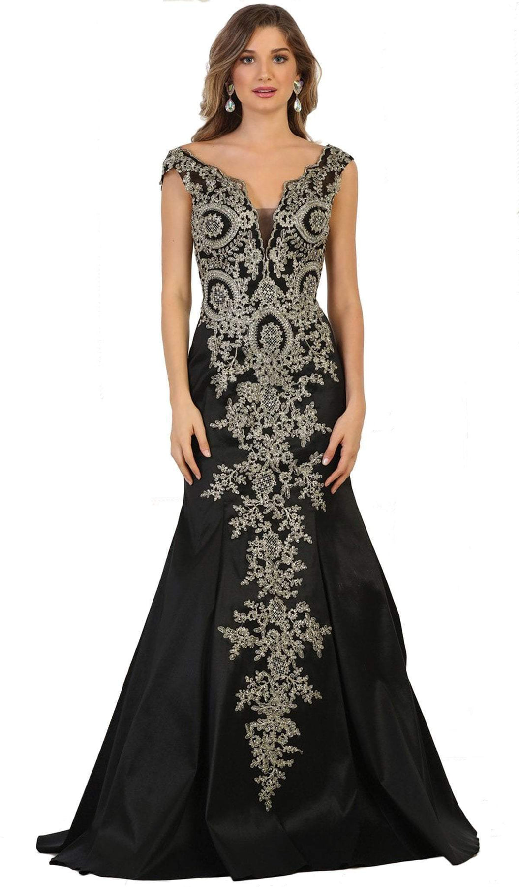 May Queen - RQ7602 Embellished Wide V-neck Sheath Mother of the Bride Gown Special Occasion Dress 4 / Black/Gold