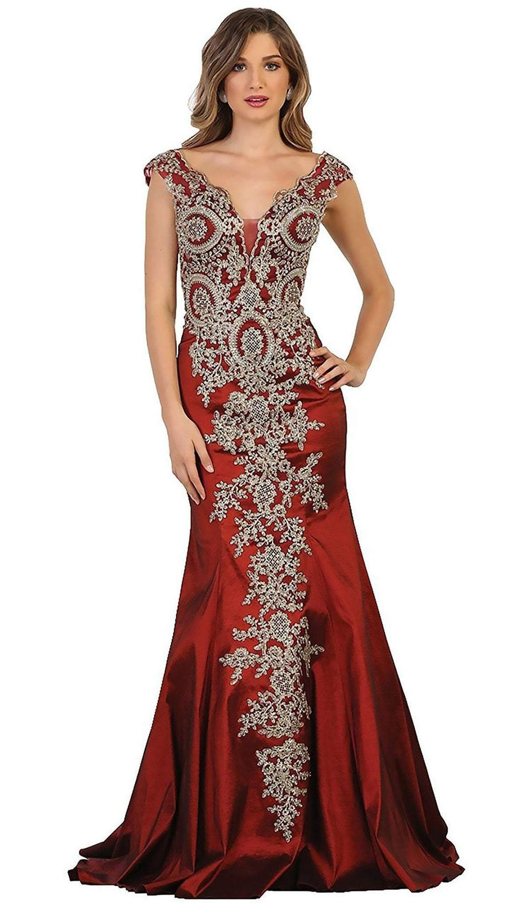May Queen - RQ7602 Embellished Wide V-neck Sheath Mother of the Bride Gown Special Occasion Dress 4 / Burgundy/Gold