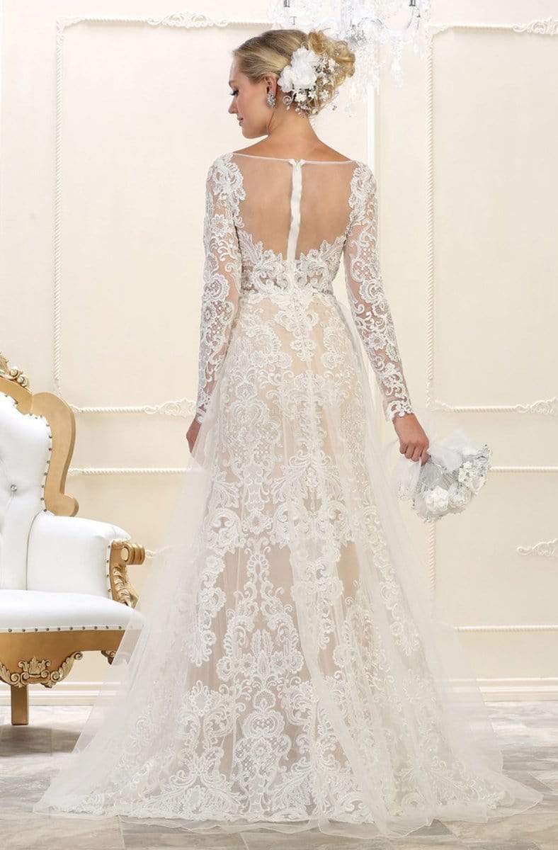 May Queen - RQ7603 Embroidered Long Sleeve Bateau Trumpet Dress Wedding Dresses