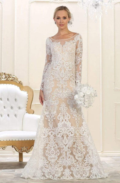 May Queen - RQ7603 Embroidered Long Sleeve Bateau Trumpet Dress Wedding Dresses 4 / Ivory/Nude